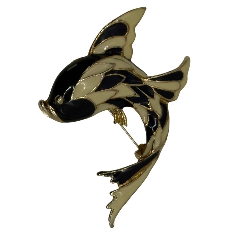 Koi Fish Brooch Black Cream Enamel Gold Tone Animal‎ Pin Vintage Style